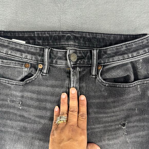 American Eagle Jeans Mens Tag 29x32 Fits 28x28.5 Slim Straight Distressed Black - Picture 6 of 11